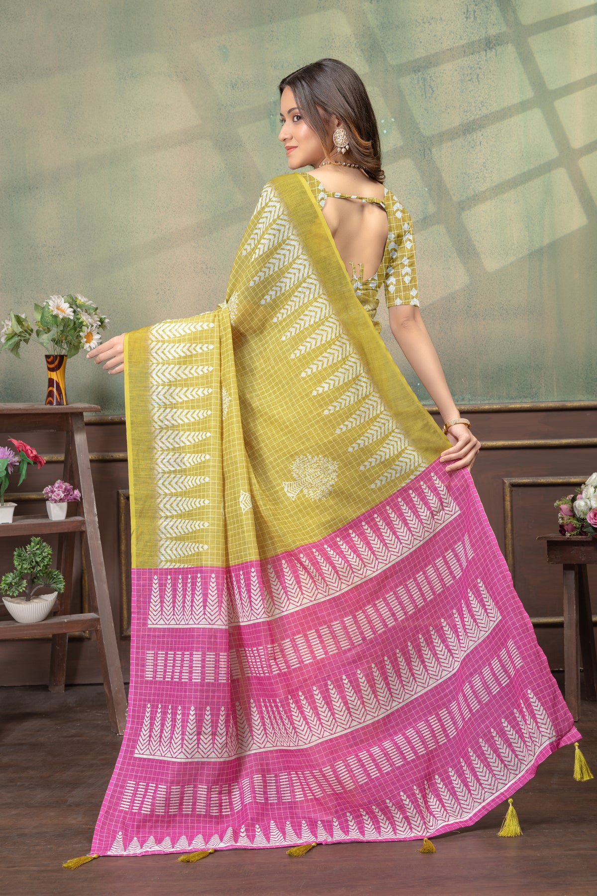 Mustard Satin Saree with Printed Pink Pallu &amp; Blouse for Women