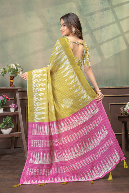 Mustard Satin Saree with Printed Pink Pallu &amp; Blouse for Women