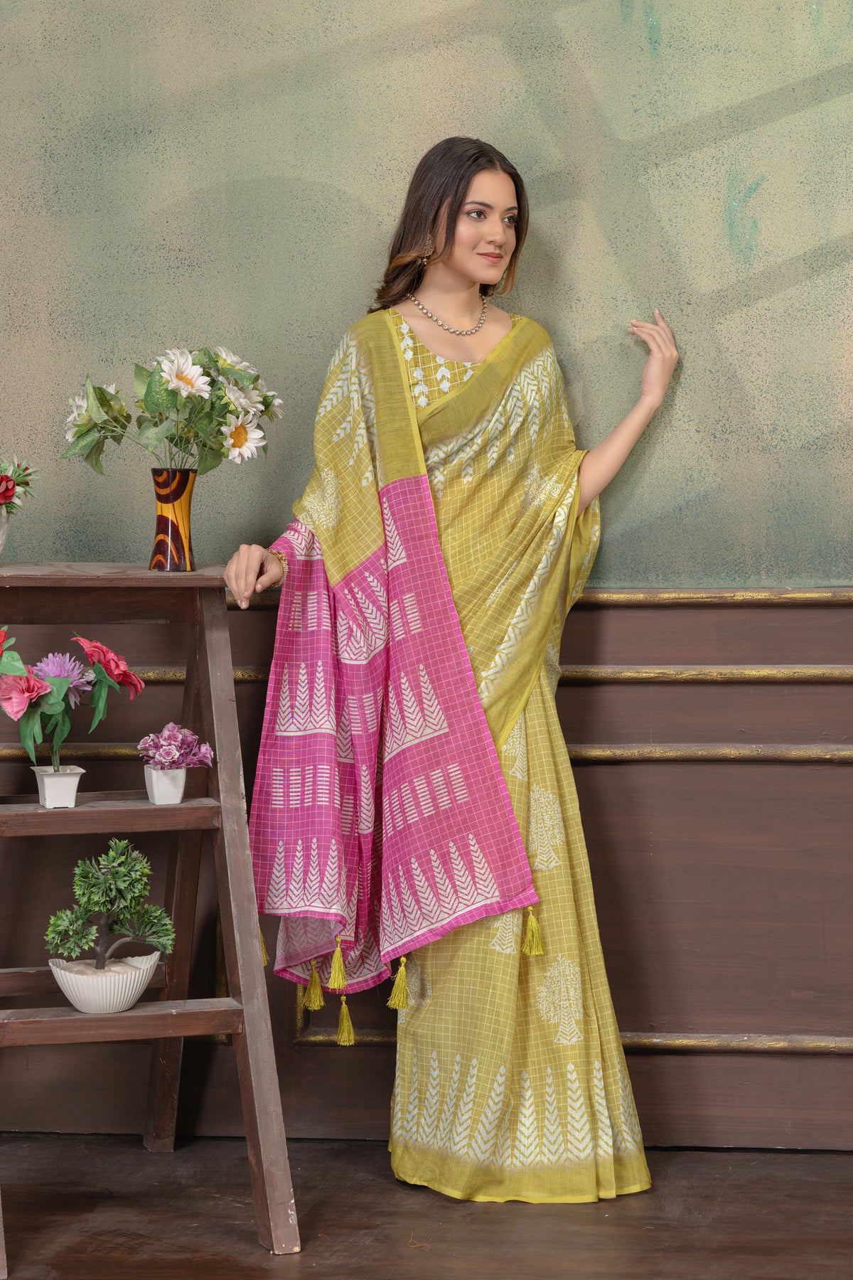 Mustard Satin Saree with Printed Pink Pallu &amp; Blouse for Women