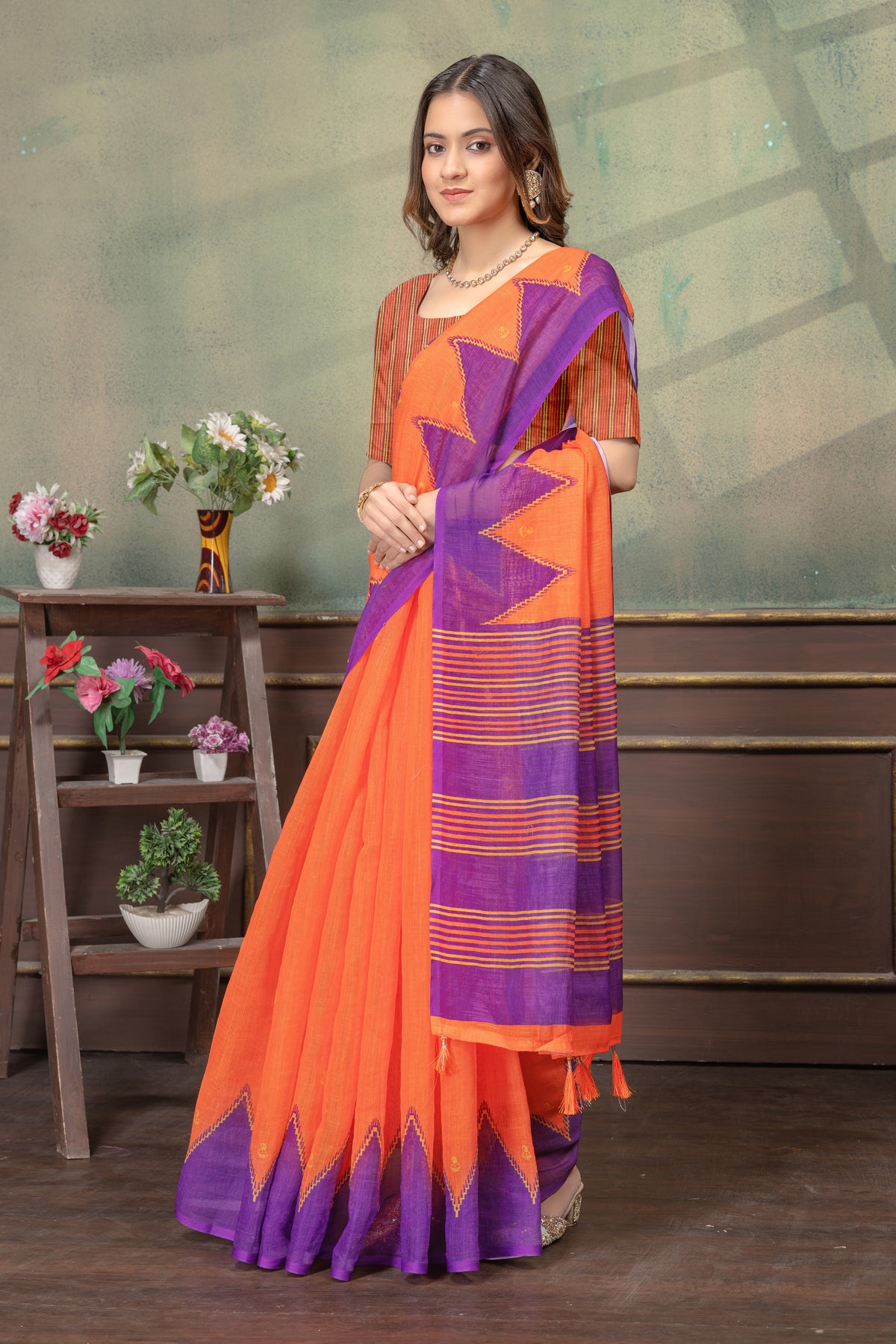Orange Purple Satin Saree with Woven Zigzag Pallu for Women