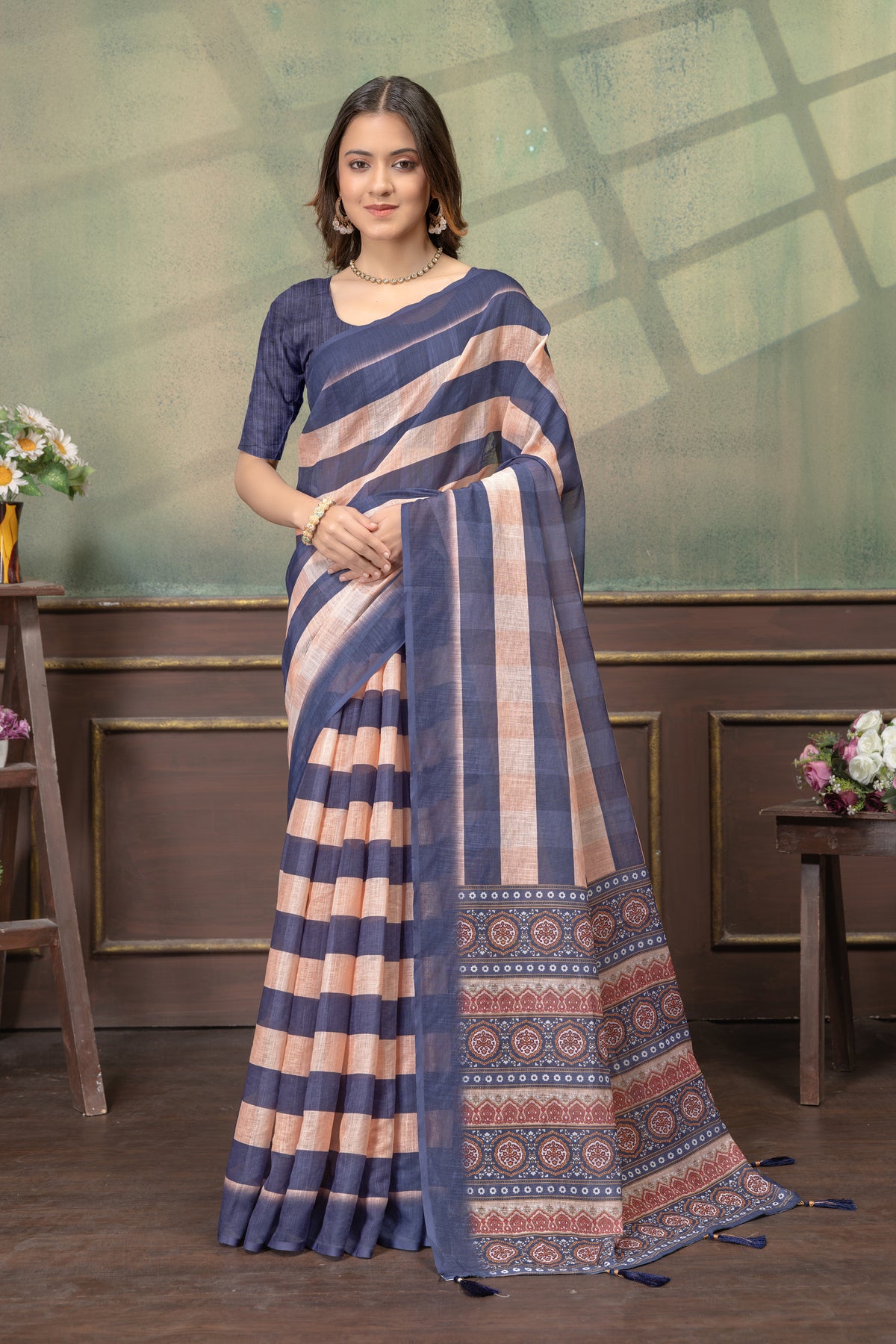 Indigo Peach Satin Saree with Striped Pallu and Border Work for Women