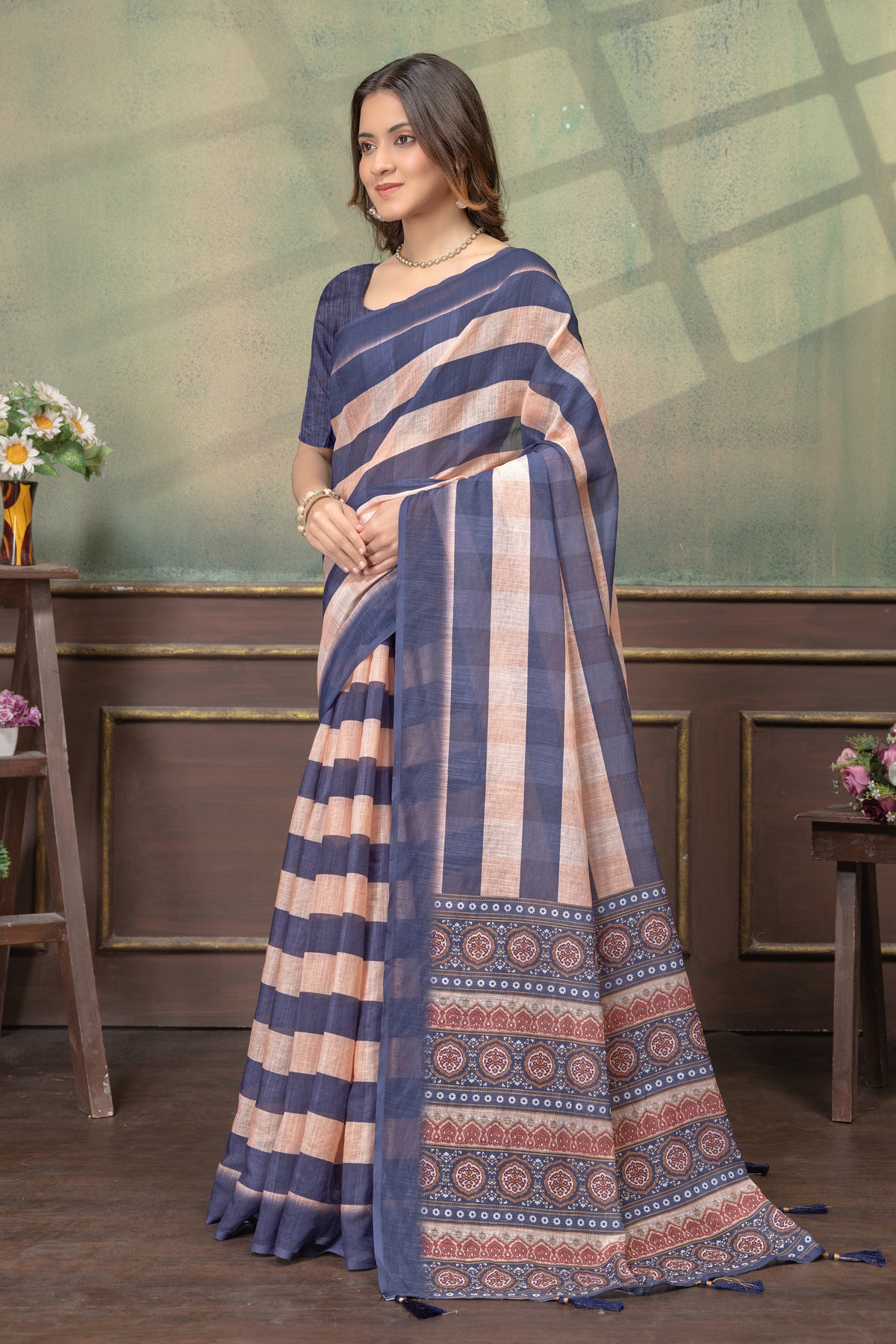Indigo Peach Satin Saree with Striped Pallu and Border Work for Women