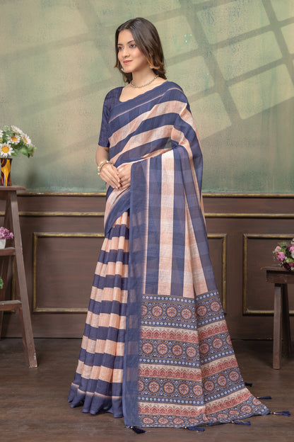 Indigo Peach Satin Saree with Striped Pallu and Border Work for Women