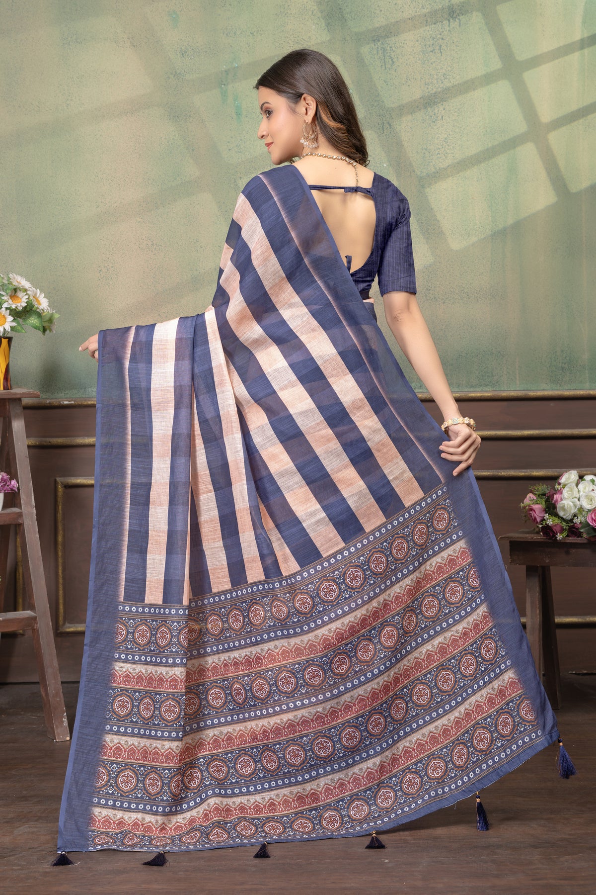 Indigo Peach Satin Saree with Striped Pallu and Border Work for Women