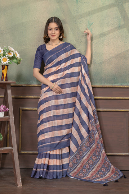 Indigo Peach Satin Saree with Striped Pallu and Border Work for Women
