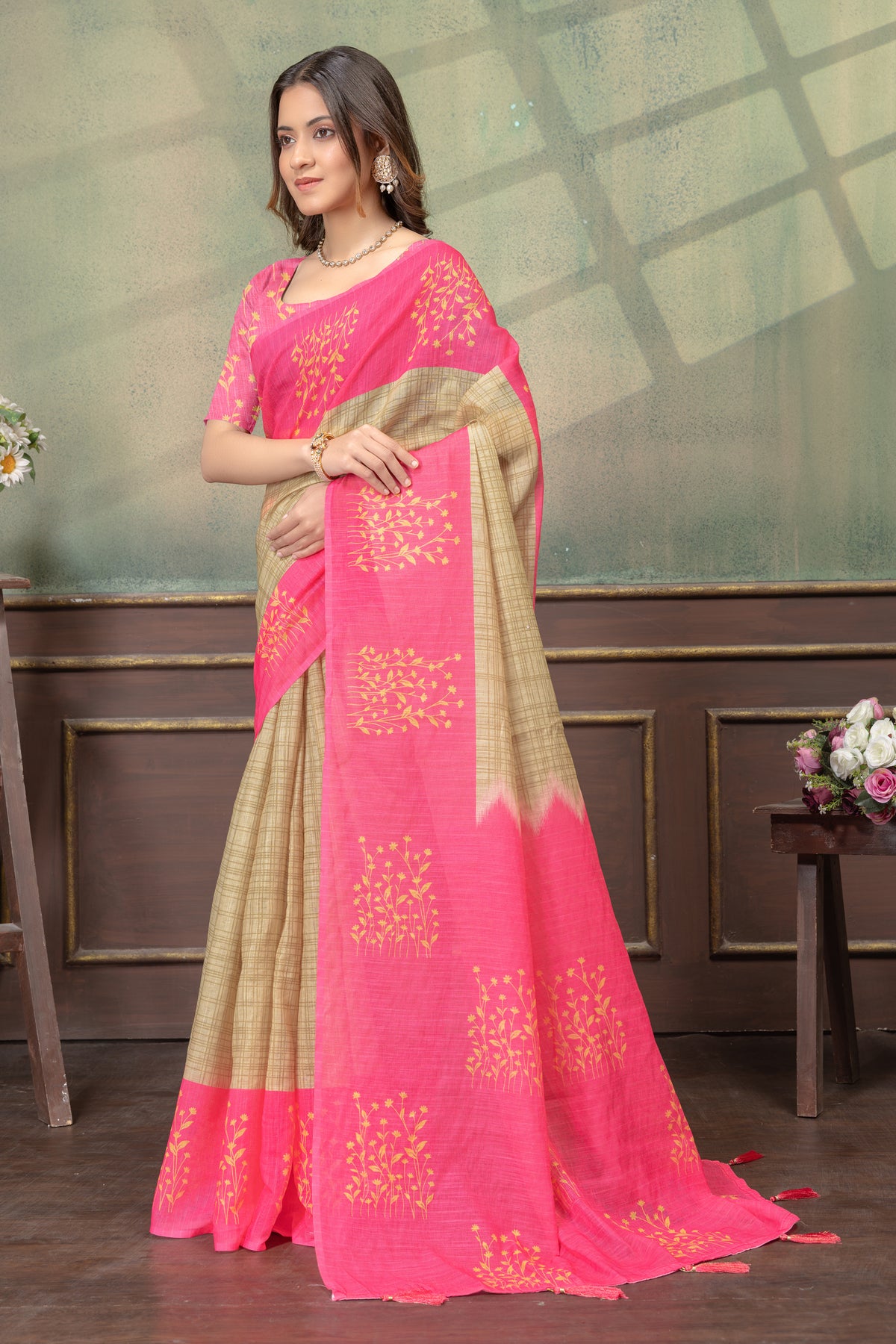 Pink Beige Satin Saree with Floral Print &amp; Contrast Pallu for Women