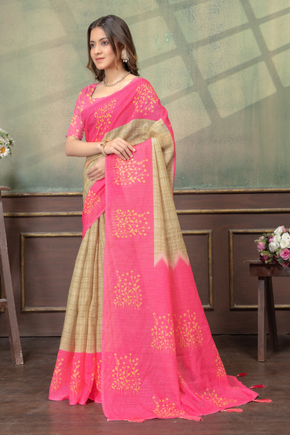 Pink Beige Satin Saree with Floral Print &amp; Contrast Pallu for Women