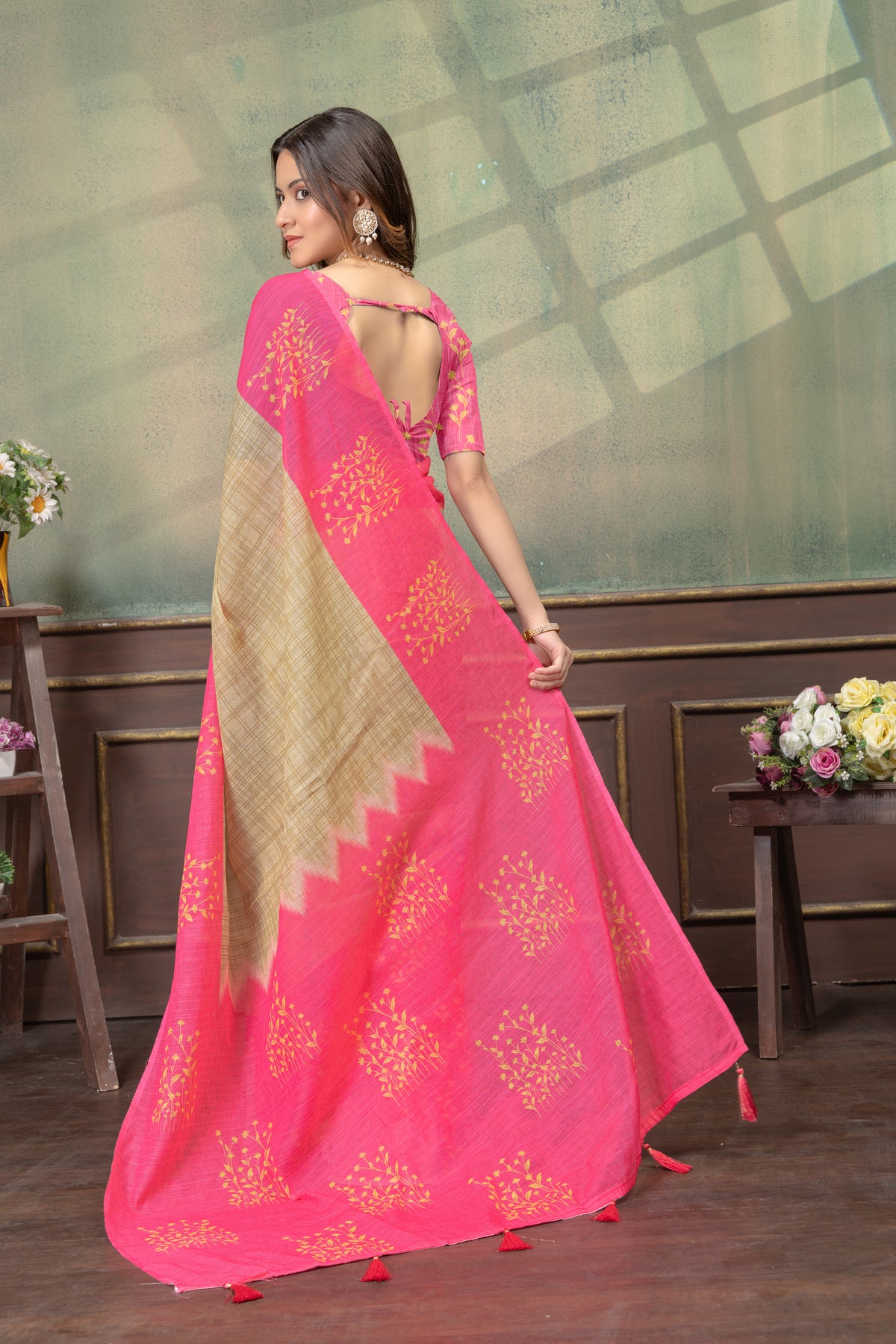 Pink Beige Satin Saree with Floral Print &amp; Contrast Pallu for Women