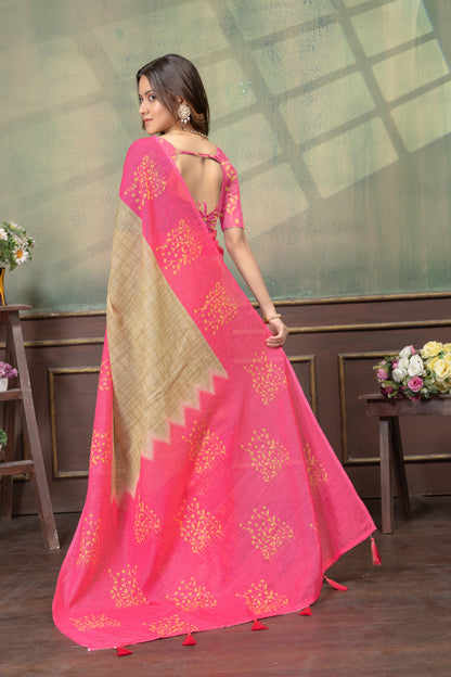 Pink Beige Satin Saree with Floral Print &amp; Contrast Pallu for Women
