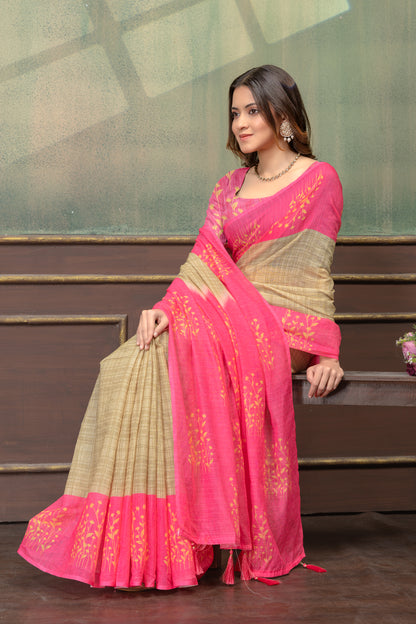 Pink Beige Satin Saree with Floral Print &amp; Contrast Pallu for Women