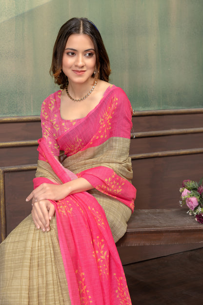 Pink Beige Satin Saree with Floral Print &amp; Contrast Pallu for Women