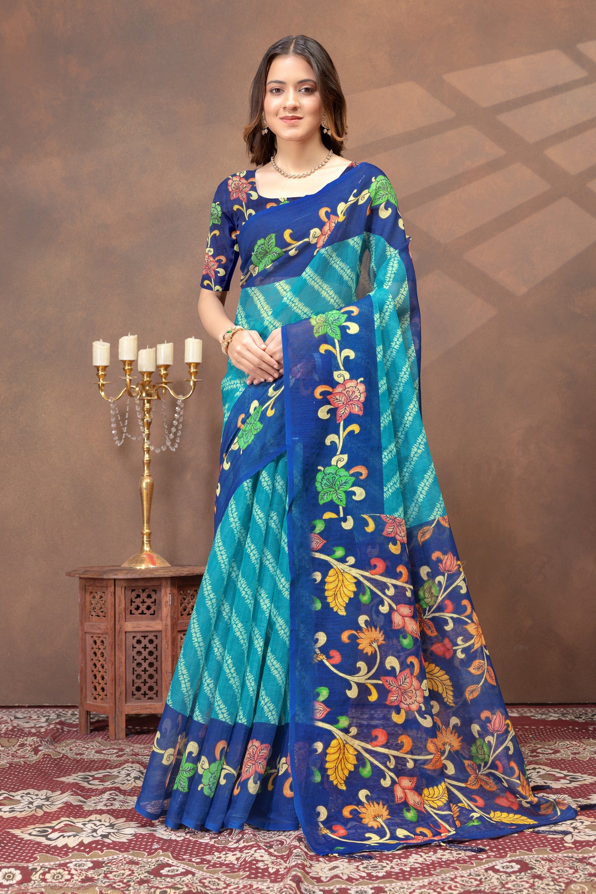 Peacock Blue Printed Linen Cotton Saree With Border for Women