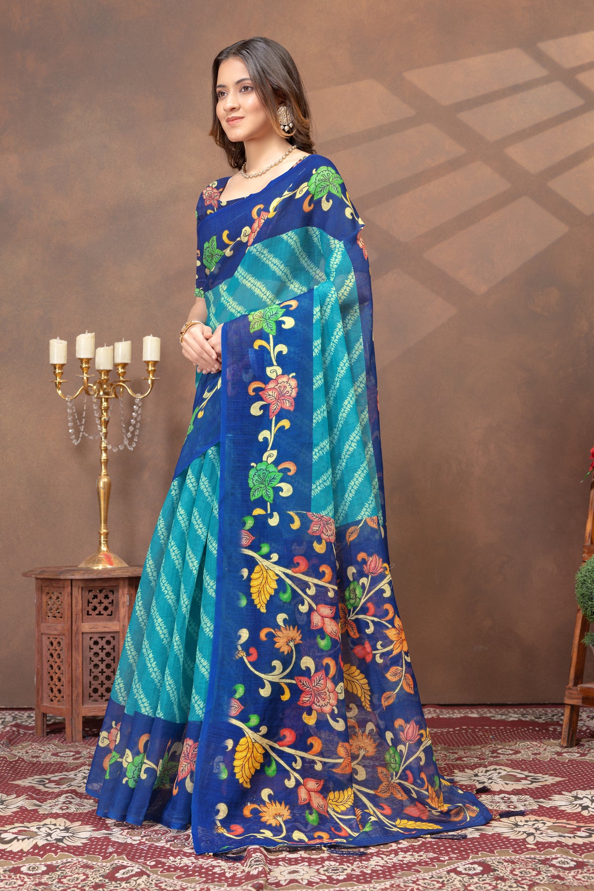 Peacock Blue Printed Linen Cotton Saree With Border for Women