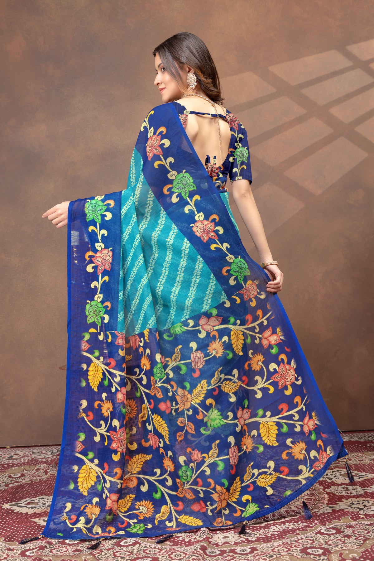 Peacock Blue Printed Linen Cotton Saree With Border for Women