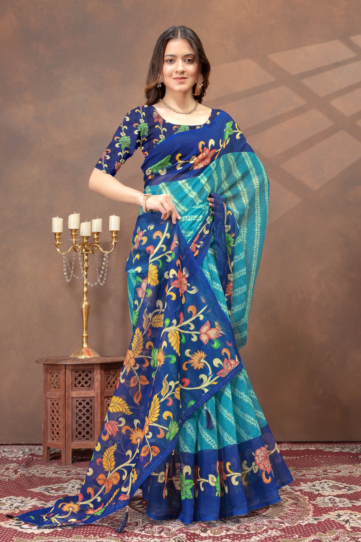 Peacock Blue Printed Linen Cotton Saree With Border for Women