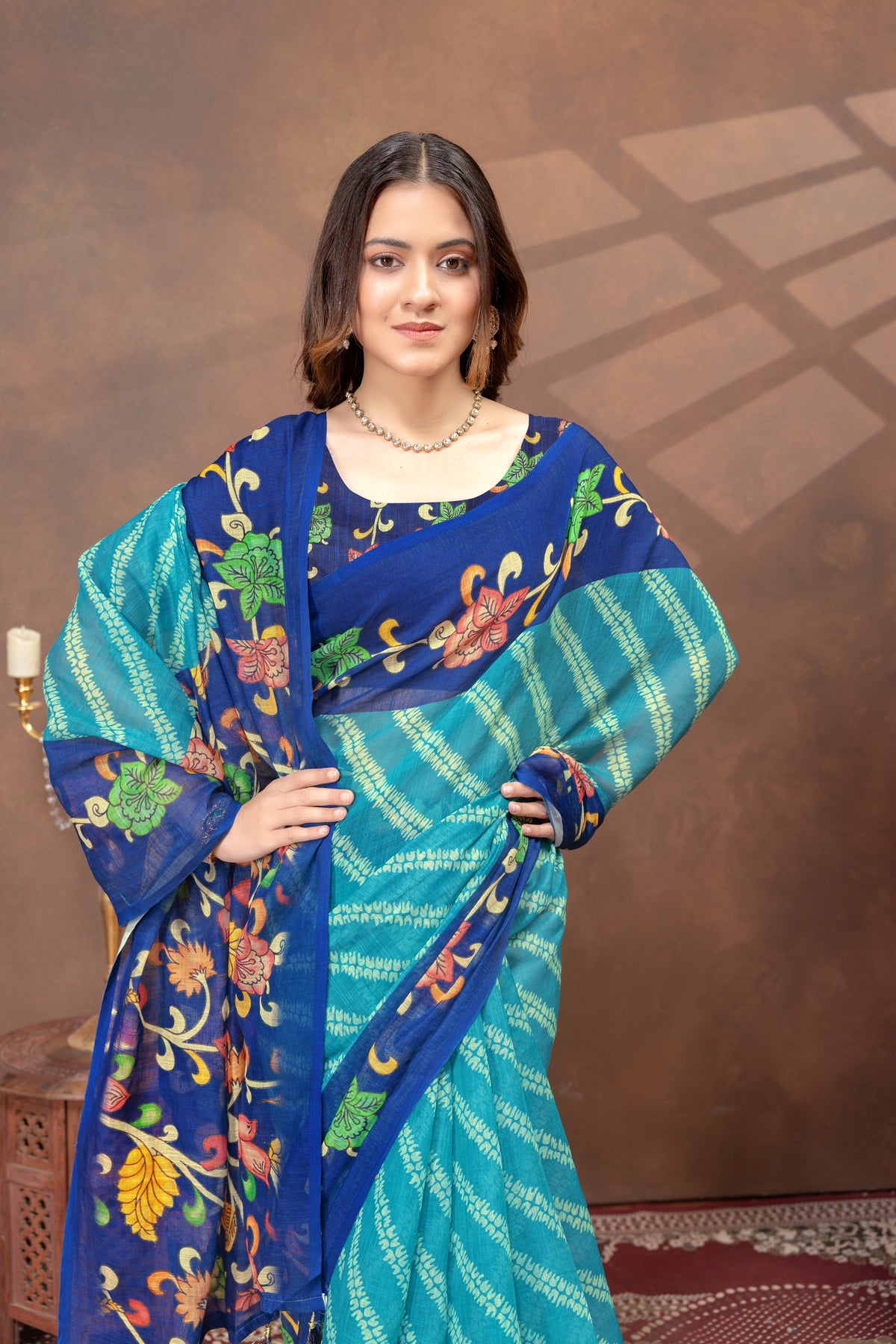 Peacock Blue Printed Linen Cotton Saree With Border for Women