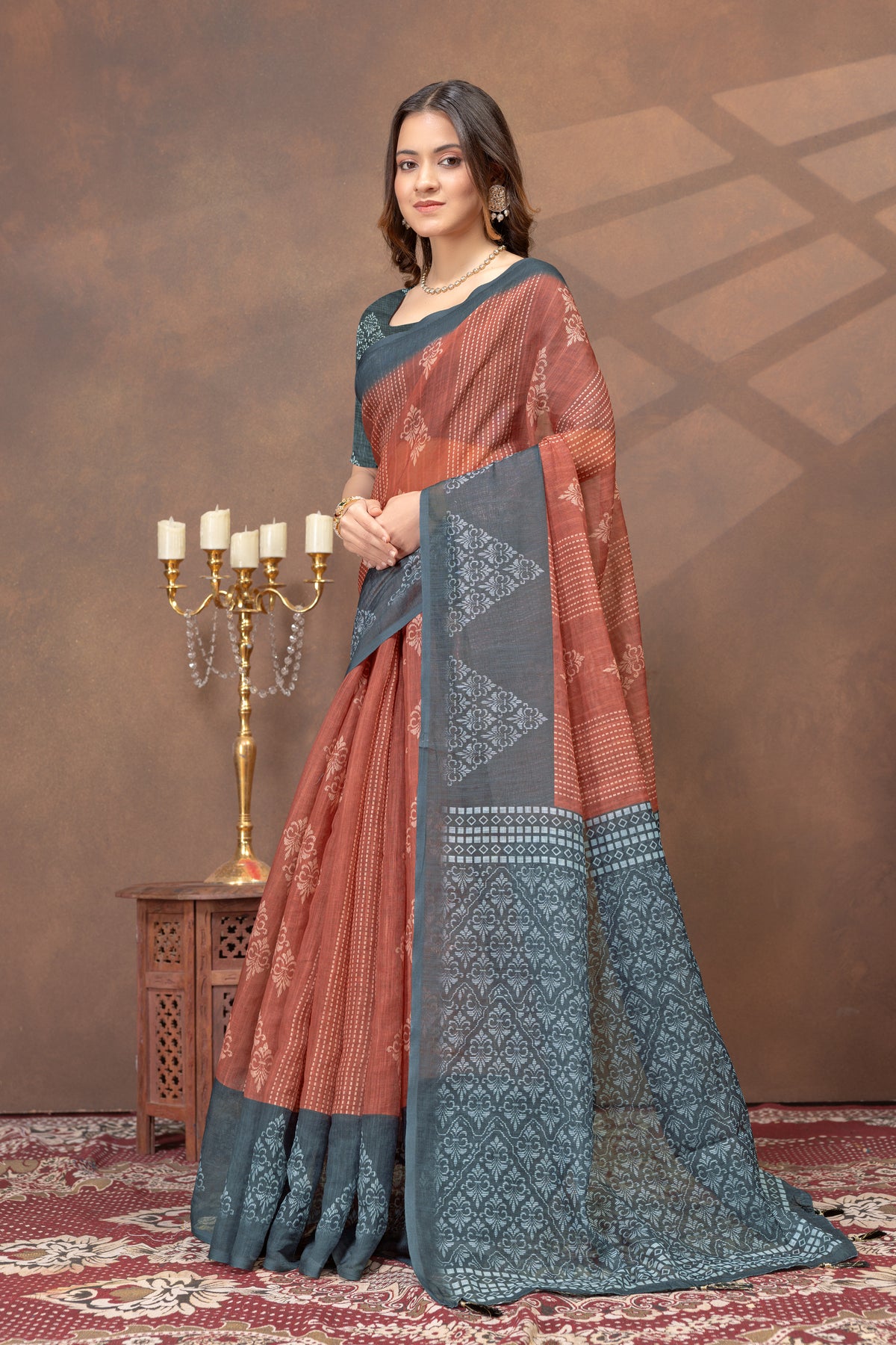 Teal Rust Floral Satin Saree with Printed Pallu and Borders for Women
