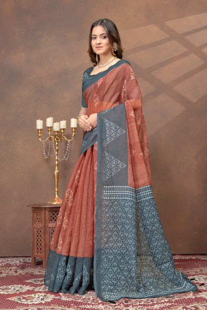 Teal Rust Floral Satin Saree with Printed Pallu and Borders for Women