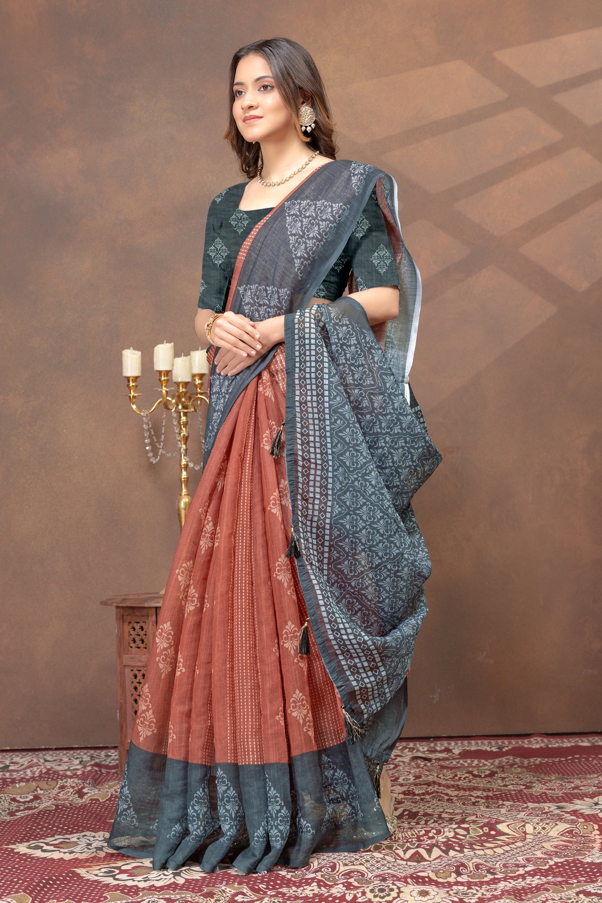 Teal Rust Floral Satin Saree with Printed Pallu and Borders for Women