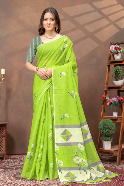 Green Floral Linen Cotton Saree with Printed Border for Women