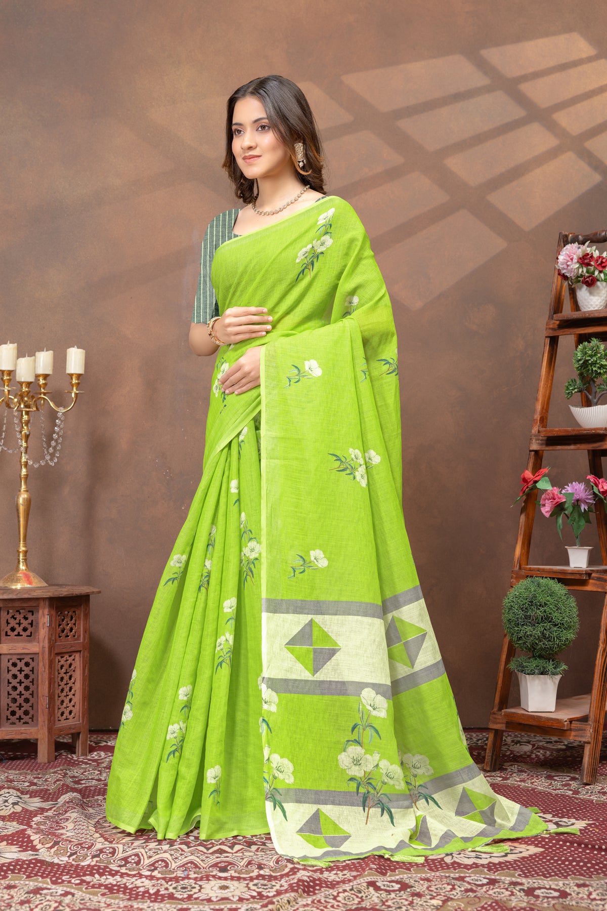 Green Floral Linen Cotton Saree with Printed Border for Women