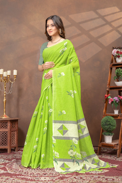 Green Floral Linen Cotton Saree with Printed Border for Women