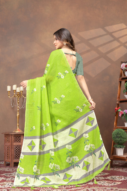 Green Floral Linen Cotton Saree with Printed Border for Women