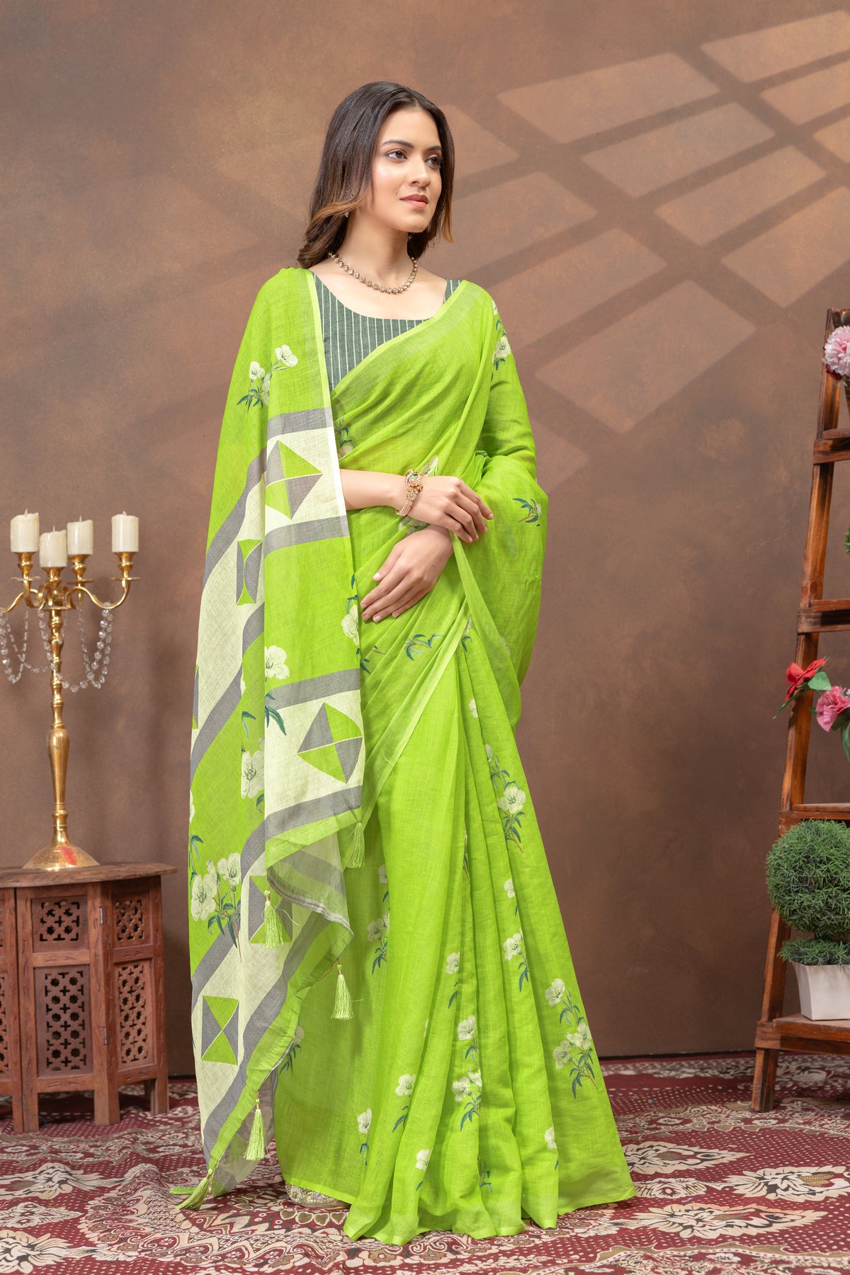 Green Floral Linen Cotton Saree with Printed Border for Women