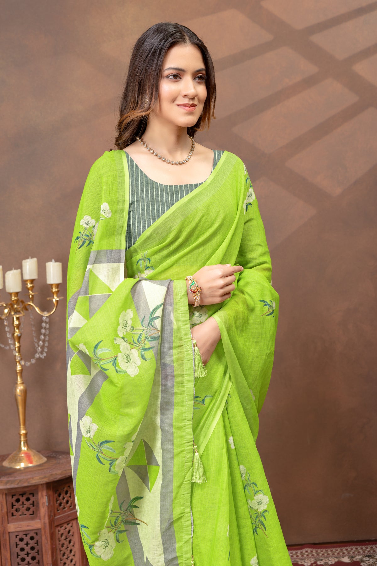 Green Floral Linen Cotton Saree with Printed Border for Women