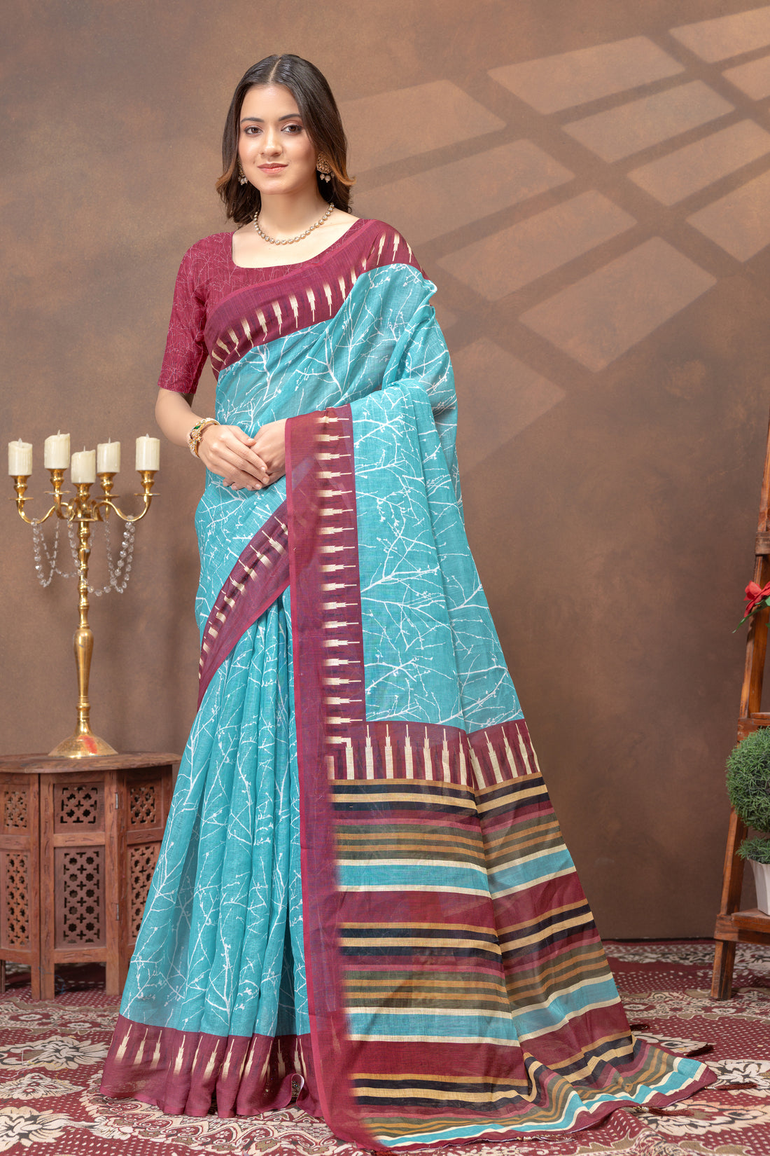 Turquoise Printed Satin Saree With Maroon Striped Border for Women