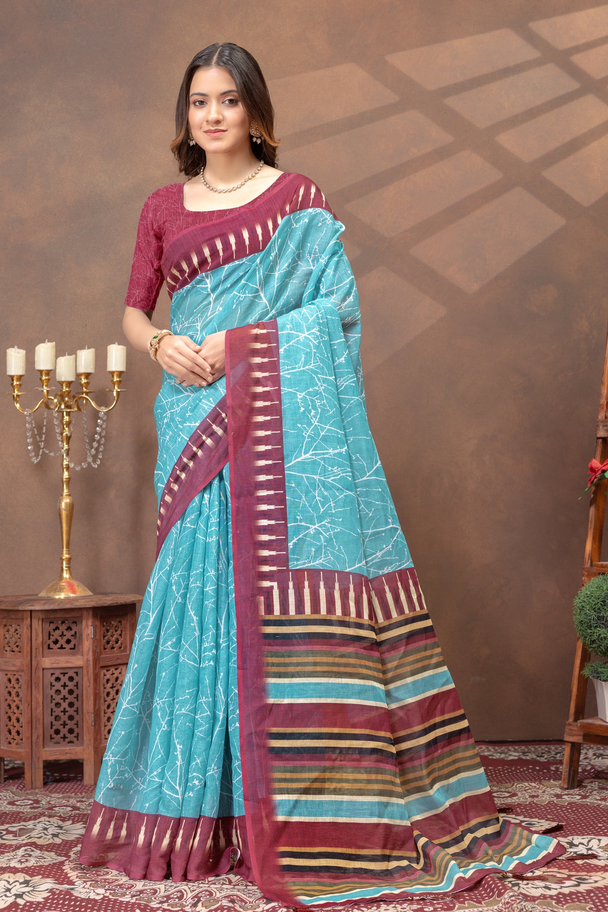 Turquoise Printed Satin Saree With Maroon Striped Border for Women