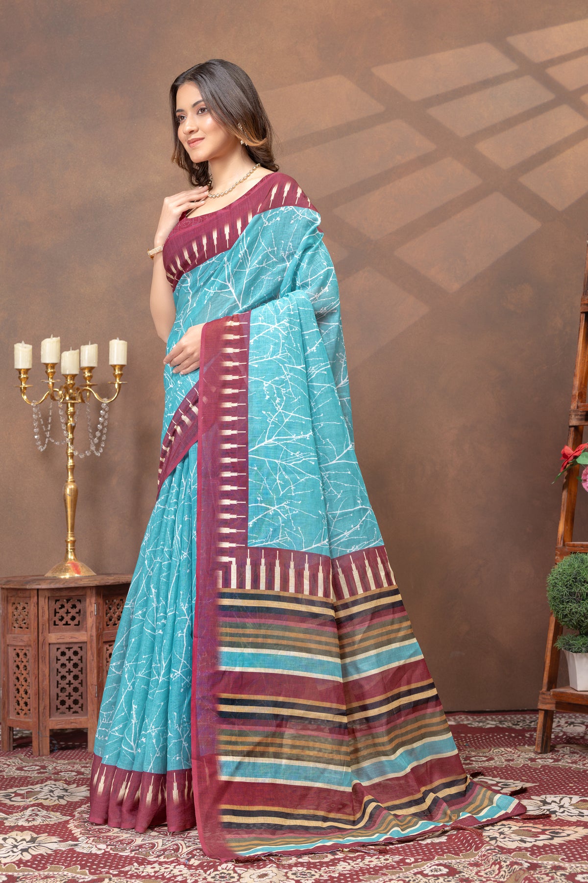Turquoise Printed Satin Saree With Maroon Striped Border for Women