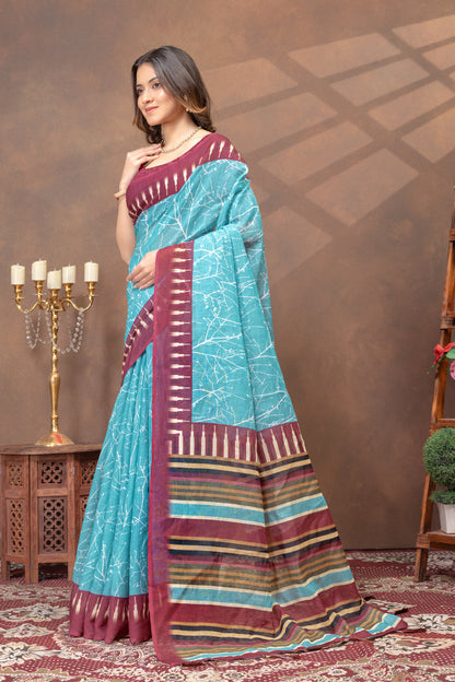 Turquoise Printed Satin Saree With Maroon Striped Border for Women