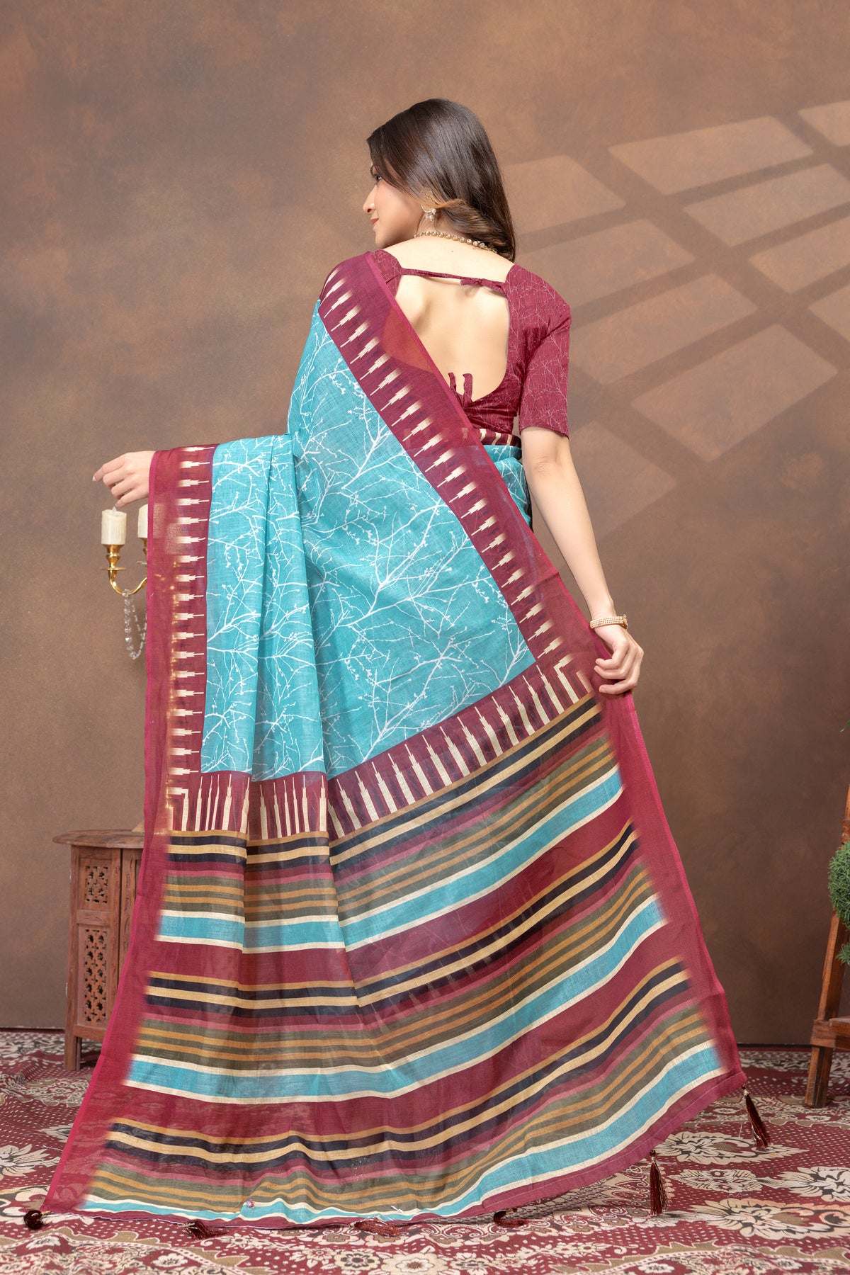 Turquoise Printed Satin Saree With Maroon Striped Border for Women