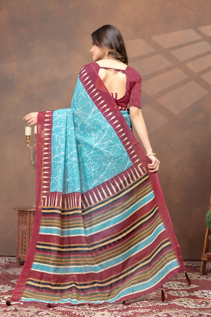 Turquoise Printed Satin Saree With Maroon Striped Border for Women