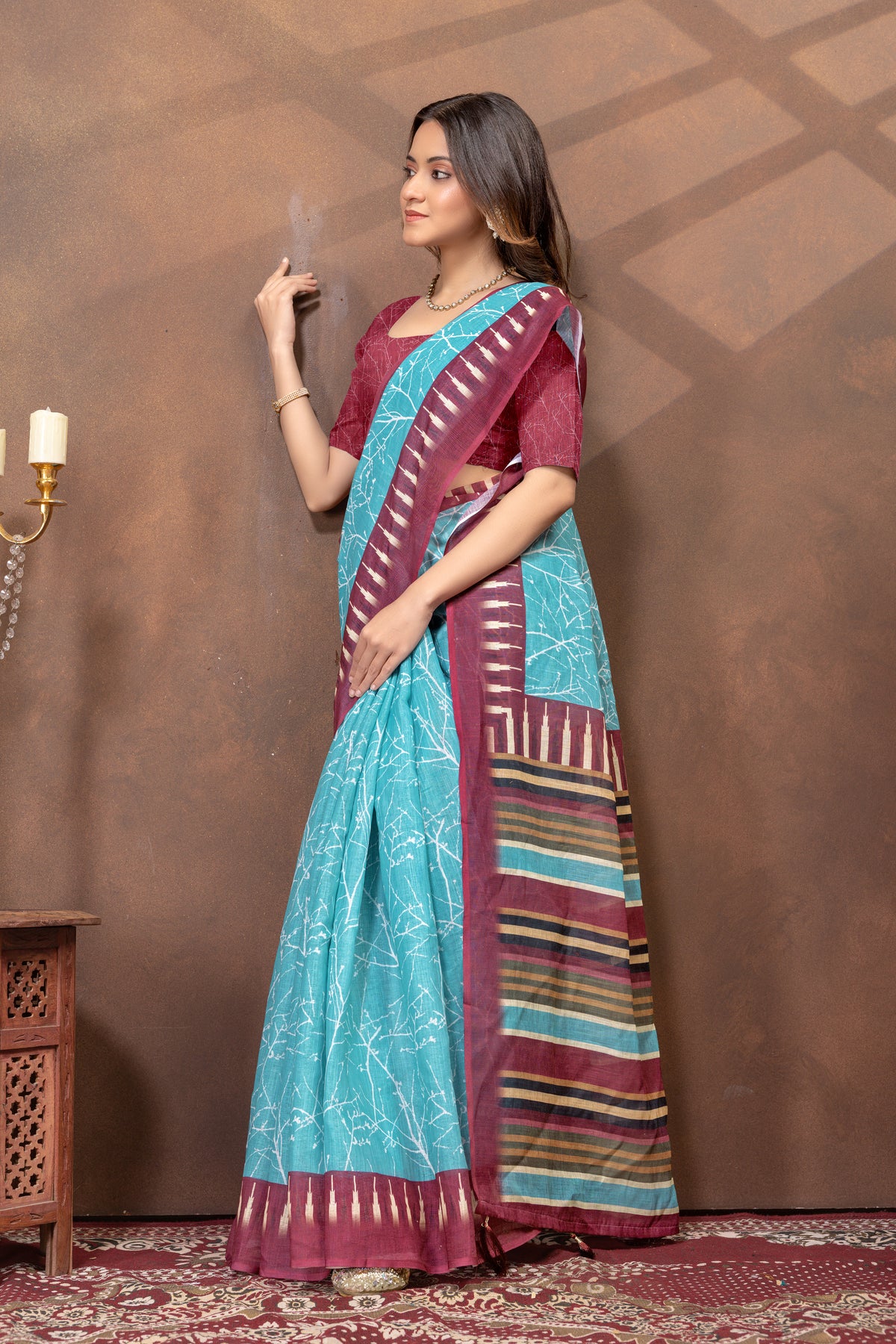 Turquoise Printed Satin Saree With Maroon Striped Border for Women