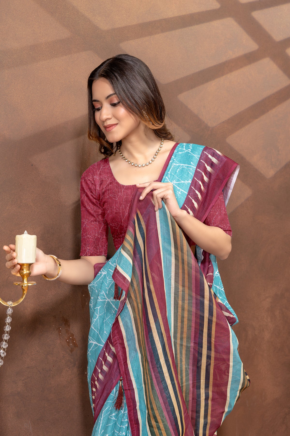 Turquoise Printed Satin Saree With Maroon Striped Border for Women