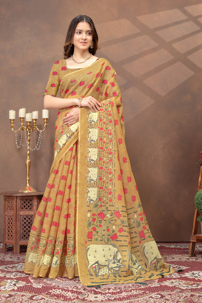 Mustard Lotus Print Linen Cotton Saree for Women