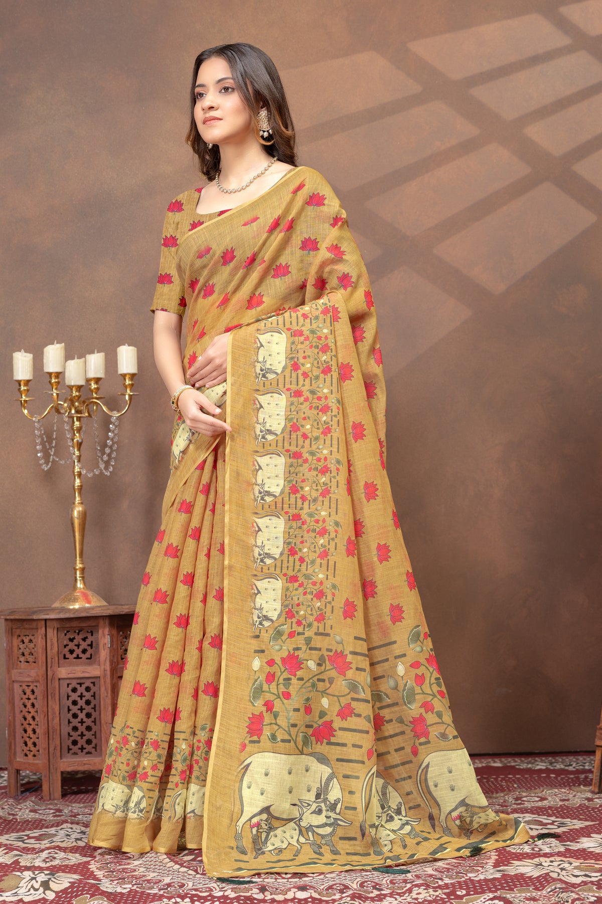 Mustard Lotus Print Linen Cotton Saree for Women