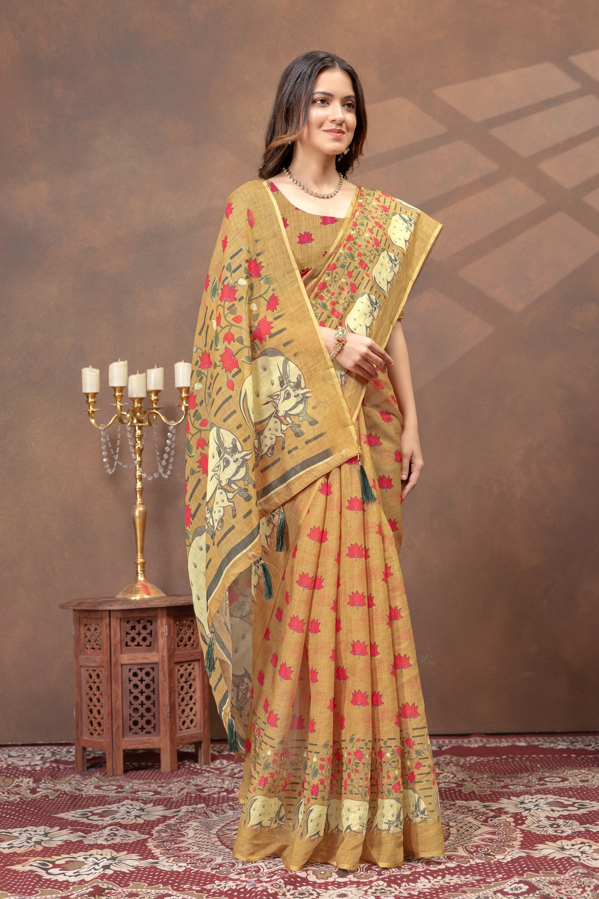 Mustard Lotus Print Linen Cotton Saree for Women