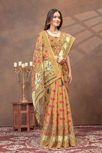 Mustard Lotus Print Linen Cotton Saree for Women