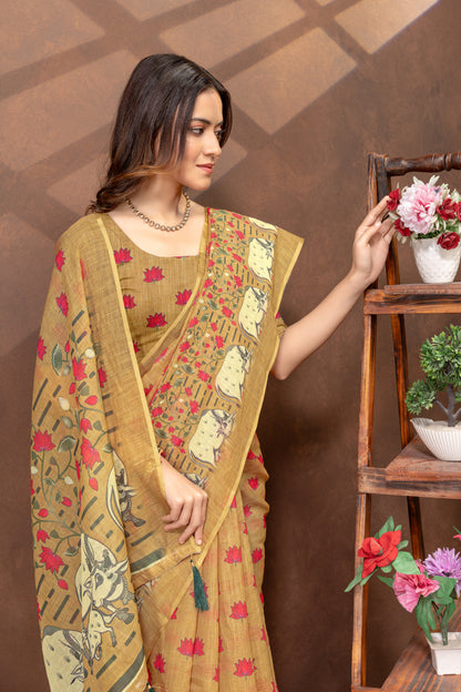 Mustard Lotus Print Linen Cotton Saree for Women