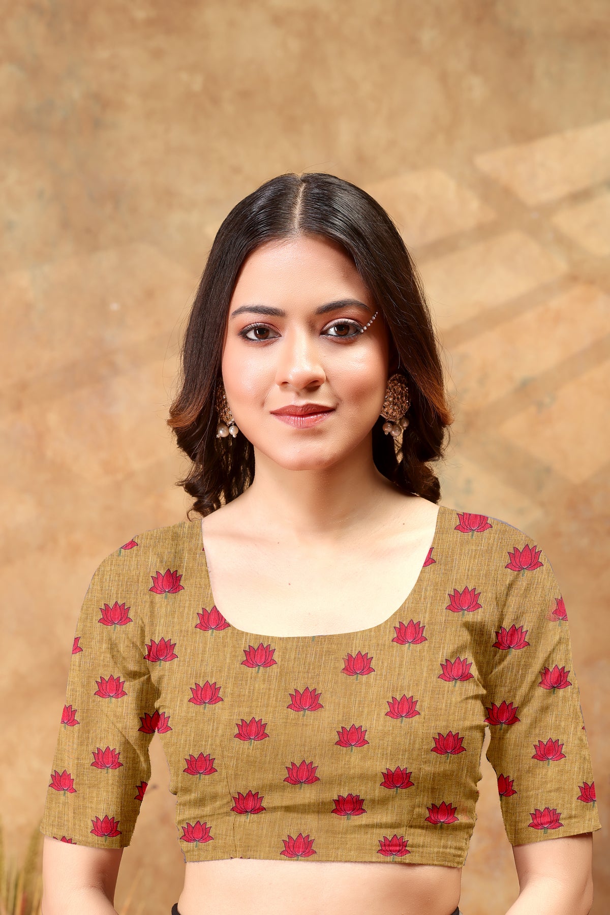 Mustard Lotus Print Linen Cotton Saree for Women