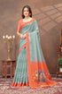 Teal Green Linen Cotton Printed Saree with Contrast Border for Women
