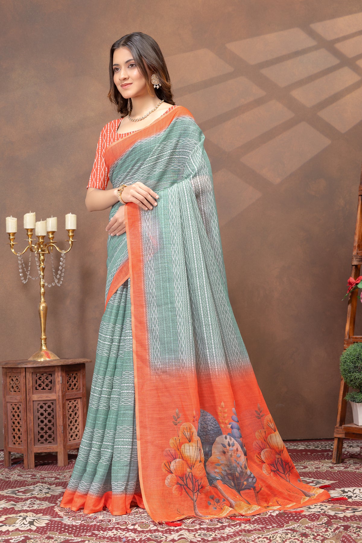 Teal Green Linen Cotton Printed Saree with Contrast Border for Women