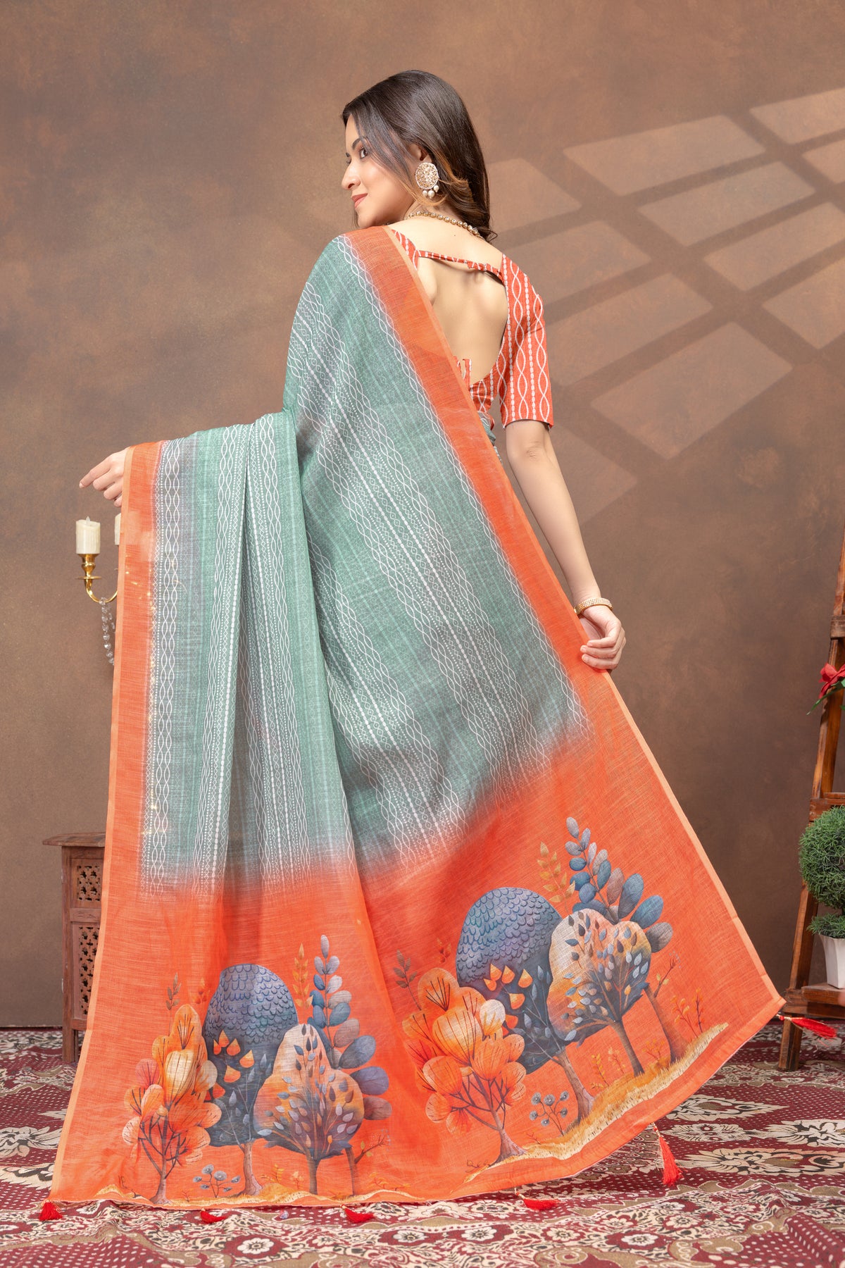 Teal Green Linen Cotton Printed Saree with Contrast Border for Women