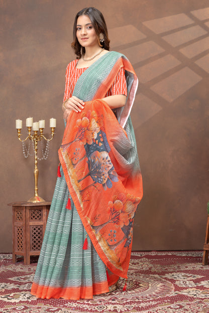 Teal Green Linen Cotton Printed Saree with Contrast Border for Women