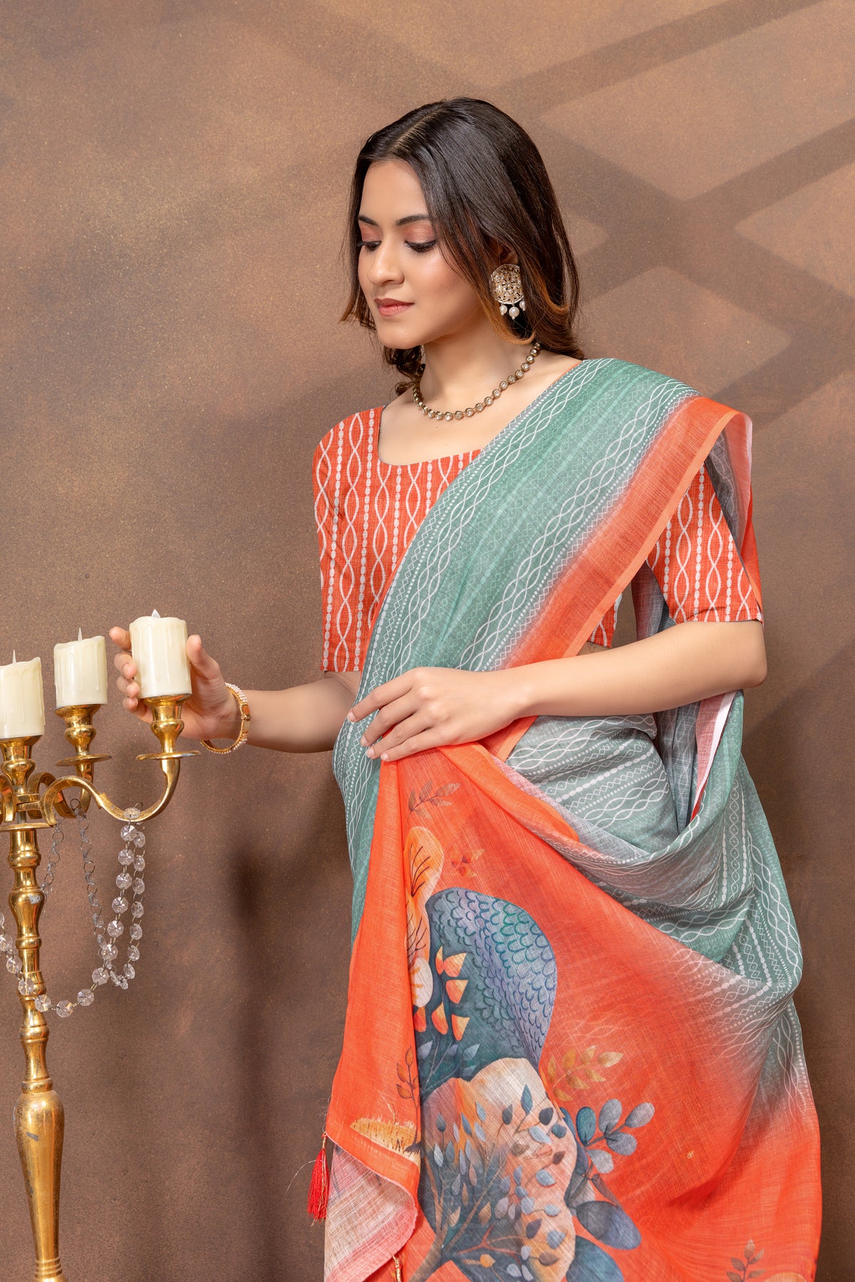Teal Green Linen Cotton Printed Saree with Contrast Border for Women