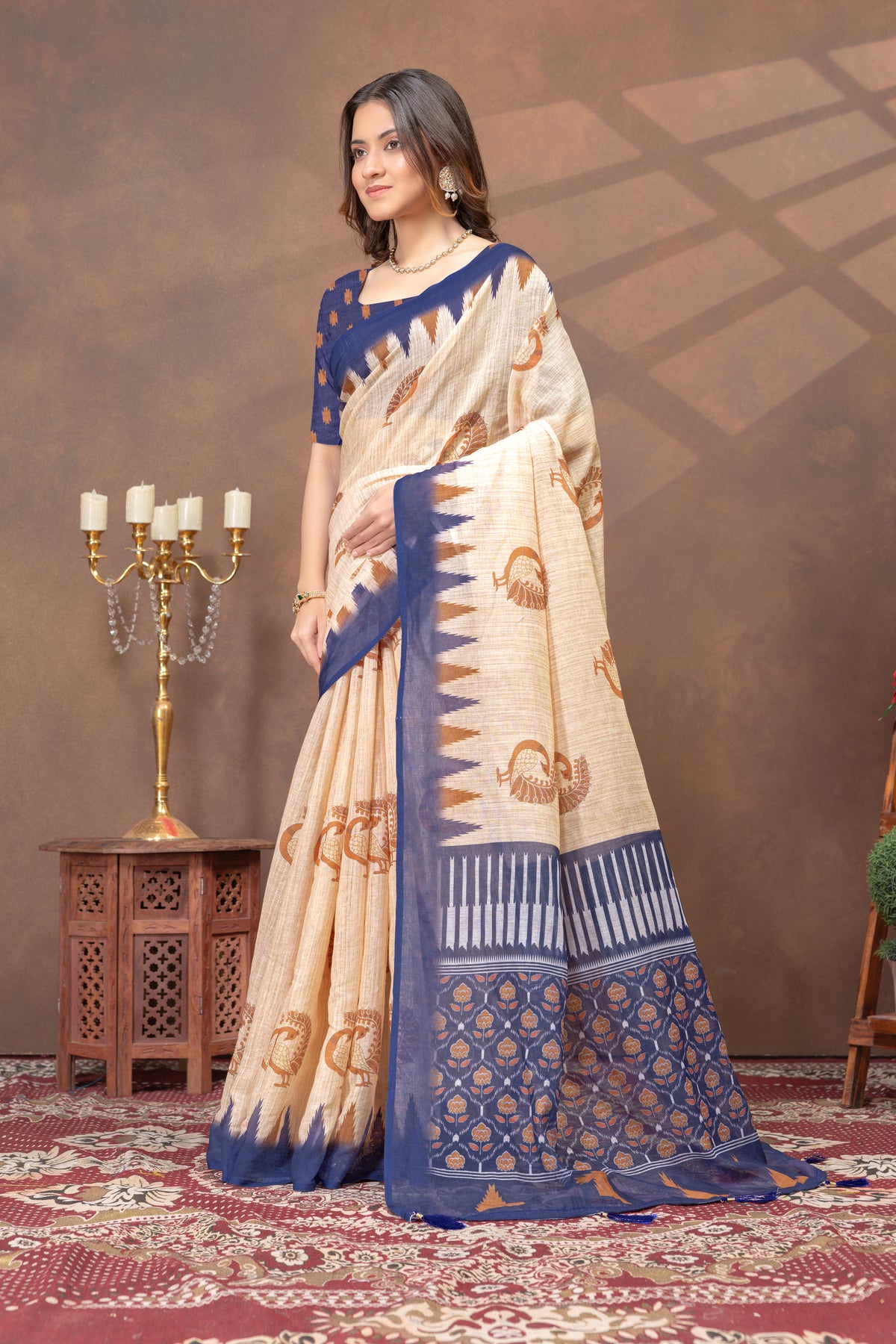 Beige Linen Cotton Saree with Peacock Print and Navy Border for Women