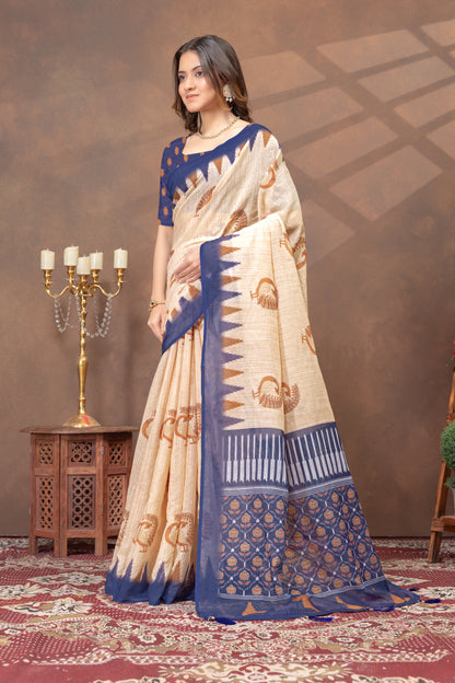 Beige Linen Cotton Saree with Peacock Print and Navy Border for Women